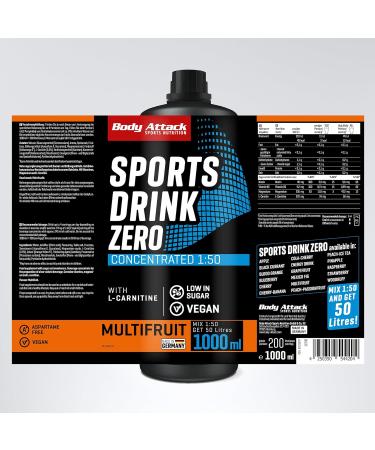 Body Attack Zero Sports Drink - Multifruch 1000ML | Vegan Concentrate Low Sugar & Fat | Made in Germany | Energy Drink with Vitamins & Minerals - Buy Online on GoSupps.com