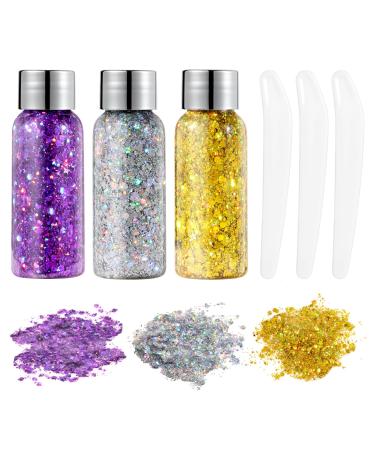 URAQT Body Glitter Gel 3Pcs Holographic Mermaid Sequins Glitter Chunky Cosmetic Glitter Face and Body Gel Sparkling Festival Party Lotion Glitter for Face Body Eye Hair Nail Makeup and DIY Art Silver & Gold & Purple
