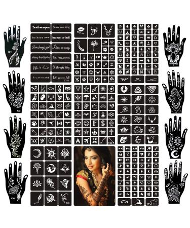 24 Sheets Henna Tattoo Stencil Kit 270+pcs  Henna Stencils Reusable Temporary Indian Glitter Airbrush Tattoo Stencils for Face Body Paint DIY Design 01