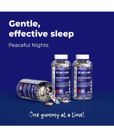 nETiXER Resto Sleep+ Gummies Melatonin 5mg Valerian Root 30mg Chamomile Lavender | with Vitamin C E B1 B2 B3 B5 B6 B12 | 60 Vegan Gummies | Strawberry Flavor | Individually Wrapped - Buy Online on GoSupps.com