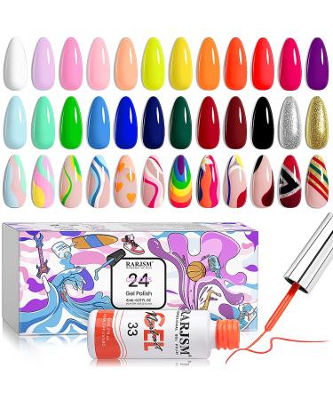 RARJSM Nail Art Gel Liner 24 Color Line Art Painted Gel Nail Polish Set Pink Blue Green Silver Gold Glitter for Nails Painting Drawing Soak Off UV LED Curing Requires Bulid in Thin Nail Art Brush Purple