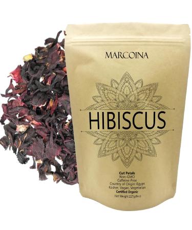 Organic Hibiscus Flowers Herbal Loose Tea by Marcoina - Cut Petals 227g in Resealable Bag Caffeine-Free from Egypt - Perfect for Hot or Cold Brew Tea - Known as Hibiscus sabdariffa. - 8oz. Hibiscus Organic Cut Flower 227g(8oz)
