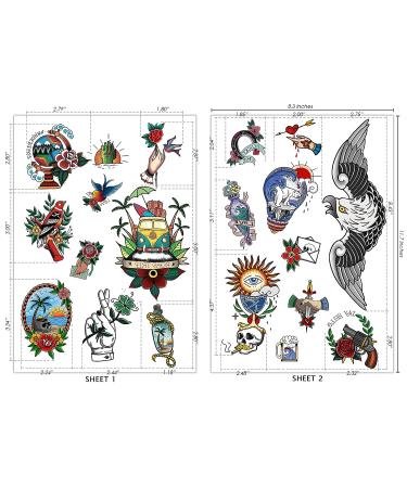 Vintage Temporary Tattoos - 60pcs Classic Old School Stickers, Waterproof Rose, Swallows, Butterflies & Swords Design for Men and Women - Buy Online on GoSupps.com