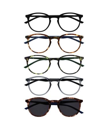 Opulize Met 5 Series Pack Reading glasses with sun readers Round Black Brown Green Gray Men Women Rrrrs60-12672 +2.50 black / brown / green / gray / brown +2.50 diopters