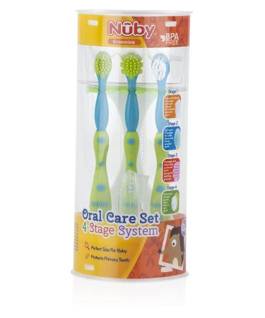 Nuby 4-Stage Oral Care Set - Silicone Finger Massager, 2 Massaging Brushes, Toddler Toothbrush - Green/Aqua 4 Piece Set - Buy Online on GoSupps.com