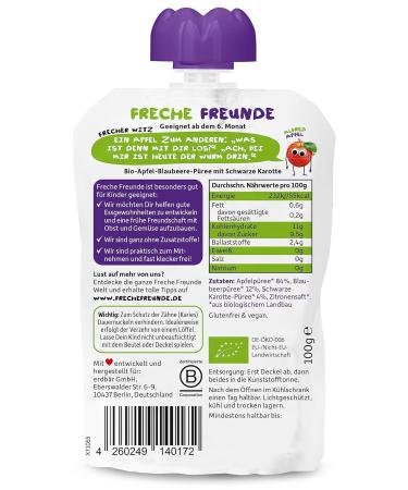 Cheeky Friends Bio Quetschie Apple Blueberry Black Carrot - Gluten-Free Vegan Fruit Puree Squeeze Bags for Babies (6-Pack 6 x 100g) - Buy Online on GoSupps.com