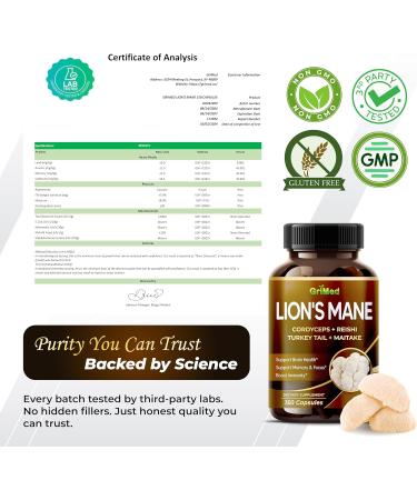 GriMed Lion's Mane Mushroom 13 600mg with Beta-(1 3)(1 6)-glucans Cordyceps Reishi Mushroom- Organic Brain Boosting Supplement for Clarity Focus & Energy (150 Count (Pack of 1)) - Buy Online on GoSupps.com