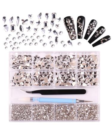 3320Pcs White Nail Art Rhinestones Crystal HOINCO 3D Rhinestones Gems Jewels Diamond 24 Types of 320 Diamonds + 3000 Round Beads Crystals 3D Flat Back Gemstones for Nail DIY Crafts with Tweezers Pen