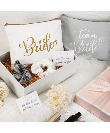 Bride Gift Set - 24 Pieces Bachelorette Proposal, Makeup Bags, Hair Scrunchies, Satin Hair Ties, Wedding Cards - Silver & Gold Theme - Buy Online on GoSupps.com