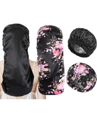 4 Pieces Soft Hair Bonnets 2 Reusable Jumb Shower Caps 2 Long Satin Bonnet Sleeping Caps Washable Waterproof Cap Adjustable Braid Bonnets for Silky Elastic Bath Cap for Women Girls  Floral  Black