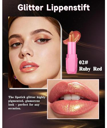 LYSdefeu Glitter lipstick ruby red bright metallic long-lasting waterproof non-sticky intense color creamy and moisturizing texture vegan for women and girls Up-02 makeup# - Buy Online on GoSupps.com