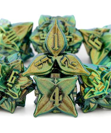 KERWELLSI Metal Dice Set, Unique Leaf Design Dungeons and Dragons Dice Set DND with Cool Box, Handmade D&D Dice Set D20 D12 D10 D8 D6 D4, Glitter Green Polyhedral Die Set, RPG Playing Games