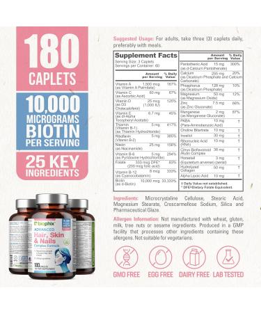 Hair Skin and Nails Complex 180 Caplets with 10000 mcg Biotin - Free Vitamin C-1000 30 Tablets - Multivitamin Supports Strong Nails Beautiful Hair Healthy Aging - Buy Online on GoSupps.com