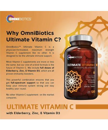 OmniBiotics Ultimate Vitamin C 2000mg with Zinc, Elderberry & Vitamin D3 - Immune Support Supplement - 120 Vegan Tablets - Buy Online on GoSupps.com