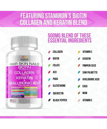 Stamiron Hair Skin Nails Vitamins for Women - Biotin 10000mcg, Collagen 1000mg, Keratin, Hyaluronic Acid & More - Hair Growth, Nail & Skin Health - USA Made - Buy Online on GoSupps.com