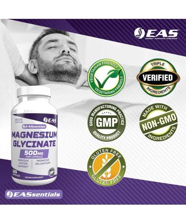EAS Magnesium Glycinate 500mg | Nervous System & Muscle Function | Relaxation Support | Easy to Digest | Gluten Free, Non GMO, Vegetarian | 120 Veggie Capsules - Buy Online on GoSupps.com