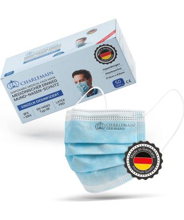Charlemain 100x op masks made in Germany EN 14683 Type IIR CE certified medical mouth-nose protection BFE 99.9% 3-layer latex-free MNS one-way face masks-blue 100 pieces (1 Pack)