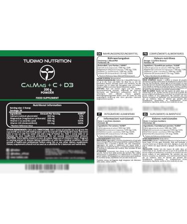 Calcium Magnesium Vitamin D Vitamine C - 200g en Poudre Boisson - 400mg Gluconate de Cal 200mg Carbonate de Mag 500mg Vit C Acide L Ascorbique 25mcg D3 Cholecalciferol en Poudre - Buy Online on GoSupps.com