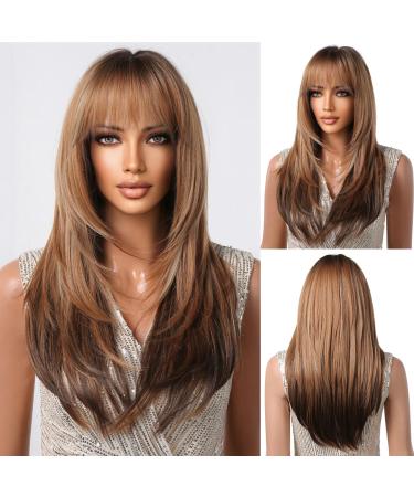 Oufei brown ombre dark blonde wigs for women long straight layered wig with pony synthetic hair wear heat -resistant wigs for daily party cosplay