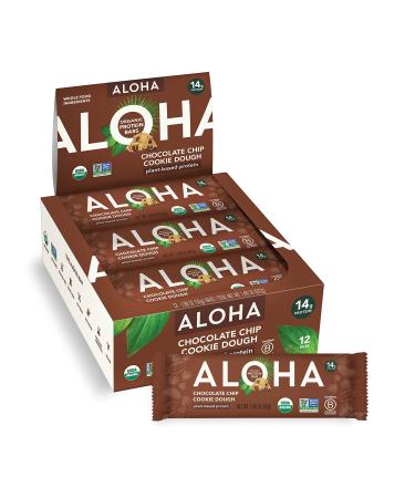 ALOHA Organic Plant Based Protein Bars - Chocolate Chip Cookie Dough - 12 Count 1.9oz Bars - Vegan Snacks Low Sugar Gluten-Free Low Carb Paleo Non-GMO Stevia-Free No Sugar Alcohols