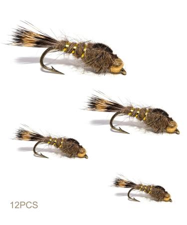 Producing Fly Fishing Flies Assortment | Dry, Wet, Nymphs, Streamers, Wooly Buggers, Caddis | Trout, Bass Fishing Lure 12 Gold Ribbed Hare's Ear Nymph
