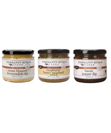 Terrapin Ridge Farms Gourmet Gift Dip Variety Sampler Set for Charcuterie Boards, Meats, Chips, and Cheese  One Jar Each of Raspberry Honey Mustard Pretzel Dip, Onion Blossom Horseradish Dip, and Bacon Pepper Dip (3 Items)