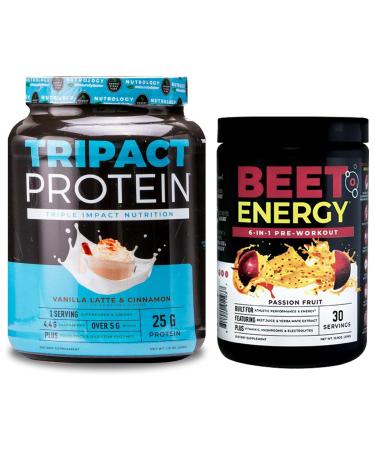 Nutrology Beet Natural O2 Pre Workout Powder Passion Fruit Flavor (30 Servings) TRIPACT Protein Powder 7-in-1 Meal Replacement Shake Vanilla Latte Cinnamon Flavor (20 Servings)