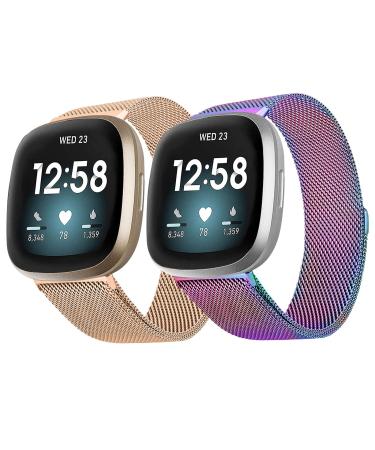 2Pack Metal Bands Compatible with Fitbit Versa 3 /Fitbit Versa 4 /Fitbit Sense 2 /Fitbit Sense Bands for Women Men Stainless Steel Metal Adjustable Magnetic Strap Replacement for Versa 3/Fitbit Sense Rose Gold+Colorful