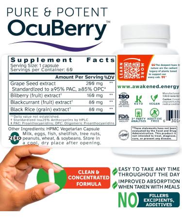 OcuBerry - Bilberry Grape Seed Black Currant & Black Rice Extracts - Antioxidant & Vascular Support - Vision Retina & Blue Light Protection - No Fillers Excipients - 60 Vegan Capsules Supplement - Buy Online on GoSupps.com