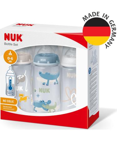 NUK First Choice+ Baby Bottles Set | Temperature Control | Anti Colic Vent | 300ml | BPA-Free | Safari Animals (Blue) | 3 Pack - Buy Online on GoSupps.com