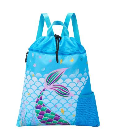 WAWSAM Mermaid Gym Drawstring Backpack - 15 17 Sports Gym Bag for Girls Kids Waterproof Swimming Beach Sackpack Birthday Christmas Gift with Zippered Pocket and Water Bottle Pocket Blue