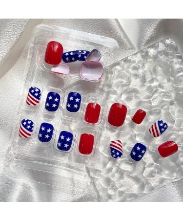24Pcs Independence Day Fake Nails | July 4th Red Blue Line Acrylic Full Cover Nails | American Flag Design Press on Nails for Women & Girls - Style 2 - Buy Online on GoSupps.com