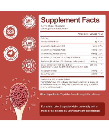 Red Yeast Rice 2 000mg with CoQ10 Supplement - Citrinin Free Extract Red Yeast Rice Capsules with CoQ10 100 Plus Citrus Bergamot - Cholesterol Lowering Supplements 3rd-Party Tested Vegan Non-GMO 120 Count (Pack of 1) - Buy Online on GoSupps.com