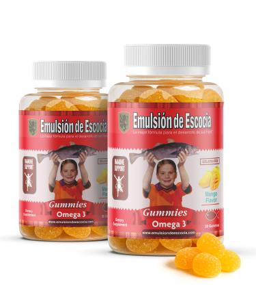 Emulsi n de Escocia Omega 3 Gummies for Kids with Vitamins A B1 D3 & E + Zinc & Iron Mango Flavor with No Fishy Aftertaste Immune & Liver Support 30 Gummies | 2-Pack