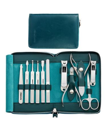 Manicure Set, Familife Manicure Kit Manicure Set Professional Nail Clippers for Women Nail Grooming Kit Stainless Steel Pedicure Kit with Peacock Blue Leather Travel Case Nail Kit Men and Women Gifts