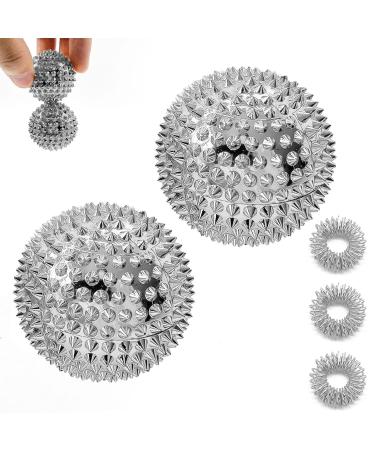 2 pieces magnetic massage ball hedgehog ball and 3 pieces massage rings magnetic acupressure balls acupuncture massage balls yoga ball for stress relief massage (silver)