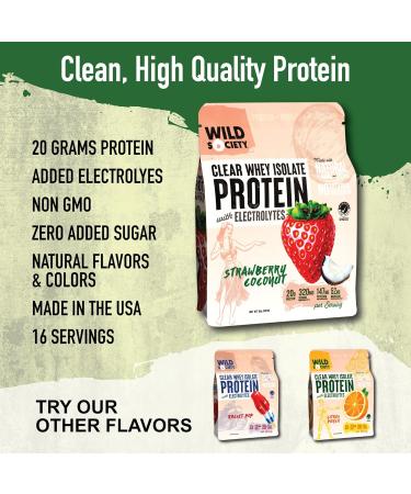 WILD SOCIETY Premium Clear Whey Protein Isolate - 20g Protein Electrolytes No Sugar Strawberry Coconut 16 oz - GMO-Free Natural Flavor - Buy Online on GoSupps.com