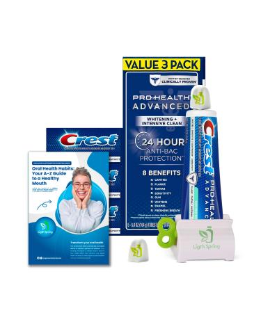 Crest Pro-Health Toothpaste Advanced White for Teeth Whitening (5.8 oz. 3 pk.) + Three Bonus Gift Better Health Smile Ligth&Spring Guide + Toothpaste Squeezer and Two No-Mess Caps.