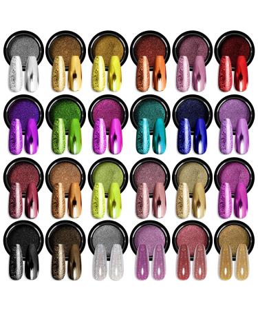 Saviland Chrome Nail Powder Set - 24 Colors Nail Art Powder Mirror Metallic Laser Holographic Effect Pigment Nail Glitter Manicure Decoration For Nagelstudio Home DIY - Buy Online on GoSupps.com