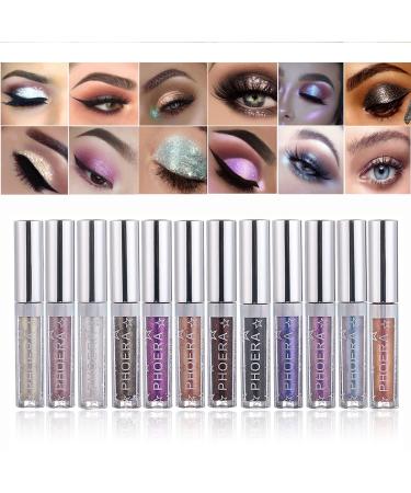 Glitter Eyeshadow  12 Colors Liquid Shimmer Eye Shadow Glitter Metallic Eyeliner Makeup  Long Lasting  Quick-Drying  Multi-Dimensional Eye LooksKit Eye Shadow Set Gift