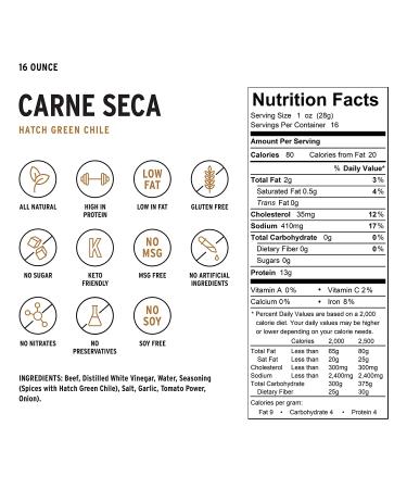 Peoples Choice Beef Jerky - Carne Seca with New Mexico Hatch Green Chile - 1lb Bag, Sugar Free, Zero Carb, High Protein Snack - Gluten Free & Keto Friendly - Buy Online on GoSupps.com