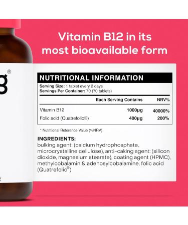 High Strength Vitamin B12 Methylcobalamin 1000mcg & Folic Acid - Vegan Supplement for Mood & Memory Support - 70 Energy Tablets for Adults by [Brand Name] - Buy Online on GoSupps.com