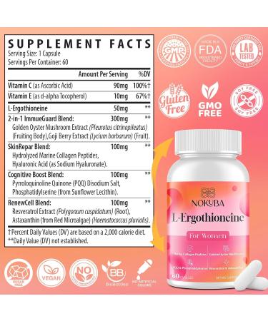 L-Ergothioneine with Collagen Peptides Hyaluronic Acid | 2X Antioxidant of Glutathione | 11-in-1 Collagen Supplement for Women | Skin Brain Immune Cognitive Support | 60 Capsules 60 Count (Pack of 1) - Buy Online on GoSupps.com