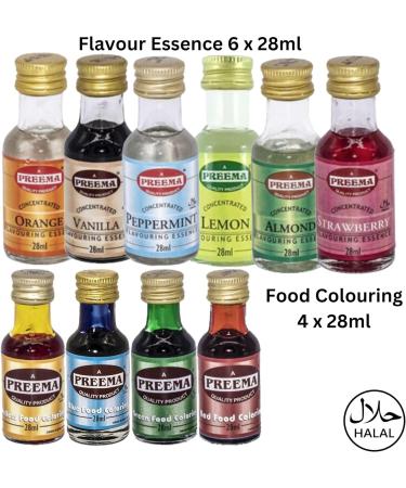Food Flavouring Essence and Food Colour Bundle Containing 6 Preema Food Flavours/Essences and 4 Food Colours (Peppermint Almond Vanilla and More) - Buy Online on GoSupps.com