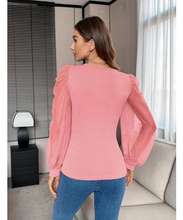 Fayenne Womens Tops Deep V Neck Cross Wrap Sexy Tops Polka Dot Mesh Long Sleeve T Shirt Casual Blouses S Deep Pink - Buy Online on GoSupps.com
