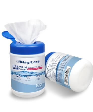 MagiCare Hand Sanitizer Wipes (2 Canisters) - Disposable 75% Alcohol Wipes - Premium Unscented Sanitizing Wipes for Home  Travel  Classroom  Camping  etc. - Two  100ct Hand Wipes Canisters (200pcs)