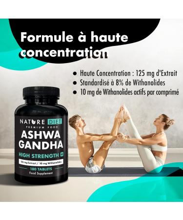 Ashwagandha High Strength PLUS | 125 mg d extrait de racine avec 10 mg de withanolides | 180 comprim s v ganes | Cure de 6 mois | Soutient la gestion du stress et le sommeil | par Nature Diet - Buy Online on GoSupps.com