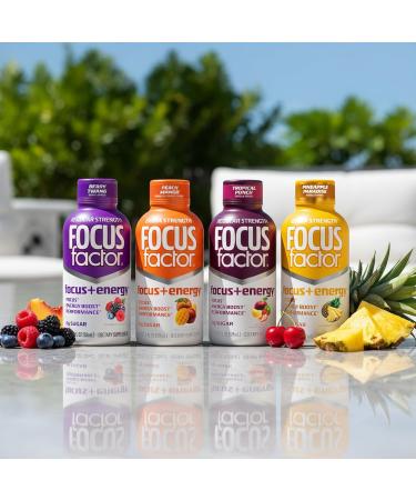 Focus Factor Extra Strength Focus + Energy Shots - 12 x 2oz Bottles (Pineapple Paradise Flavor) - Powered by Nootropics with Caffeine, L-Theanine, Ginkgo, Bacopa, L-Tyrosine, Alpha GPC - Buy Online on GoSupps.com