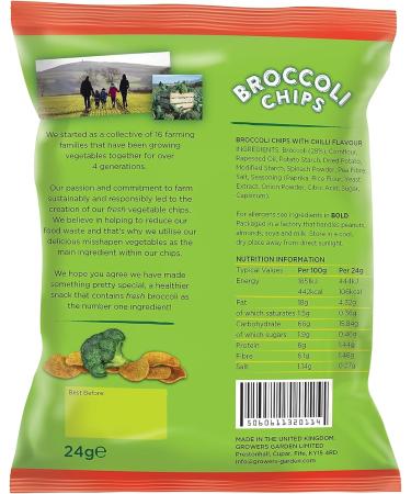 Chilli Broccoli Chips x24 - Healthy Snacks by Growers Garden | Vegan Crisps | Gluten Free + Dairy Free | Lunchbox Snack - Buy Online on GoSupps.com