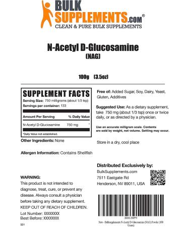 BulkSupplements N-Acetyl D-Glucosamine Powder - Joint Support - 750mg Glucosamine per Serving - Gluten Free - 100g (3.5 oz) - Buy Online on GoSupps.com
